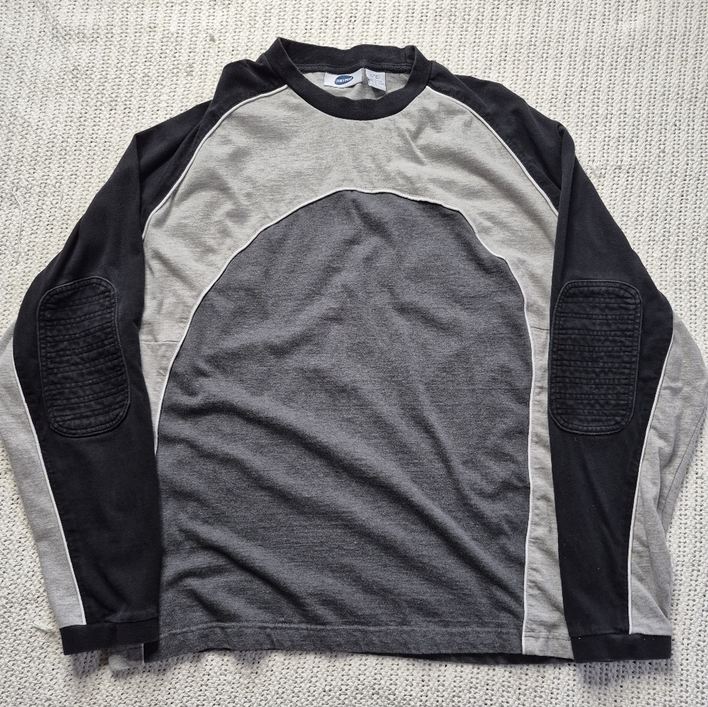 Y2K 90's Long Sleeve Shirt Men Large Gray Black Crewneck Elbow Pads JEANS WEST